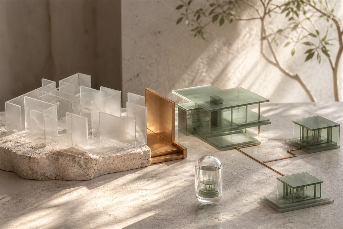 Unfinished glass chambers cross a bronze threshold into a sage-glass pavilion, with a small preserved model of the approved structure.