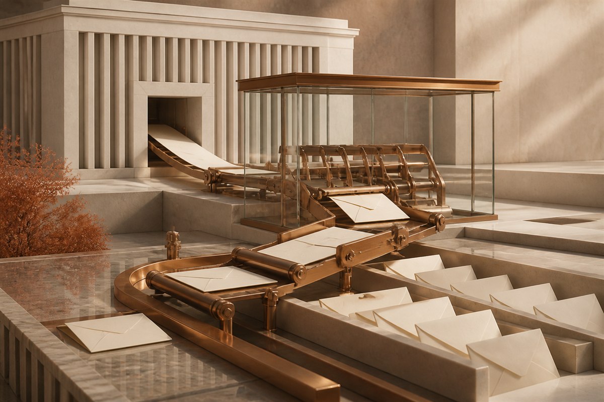 Blank ceramic sheets leave a stone civic archive, pass through a glass sorting chamber, and become unmarked envelopes.