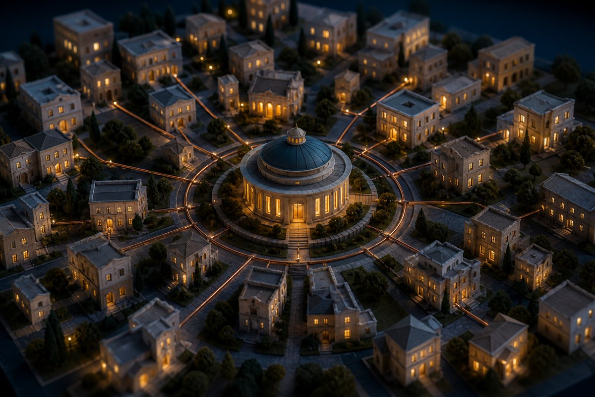 A miniature city at dusk is linked by copper signal paths to a central monitoring pavilion.