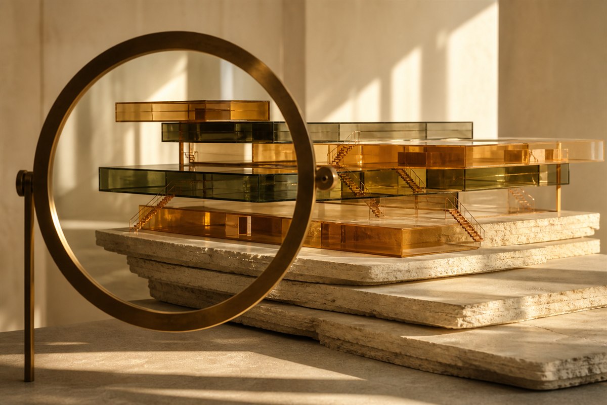 Amber and olive-glass terraces rise above frozen limestone layers, viewed through a movable bronze aperture.