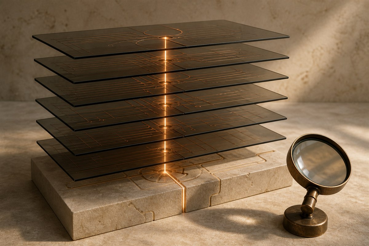 Six floating glass report layers align their copper paths into one coherent line above a stone foundation.
