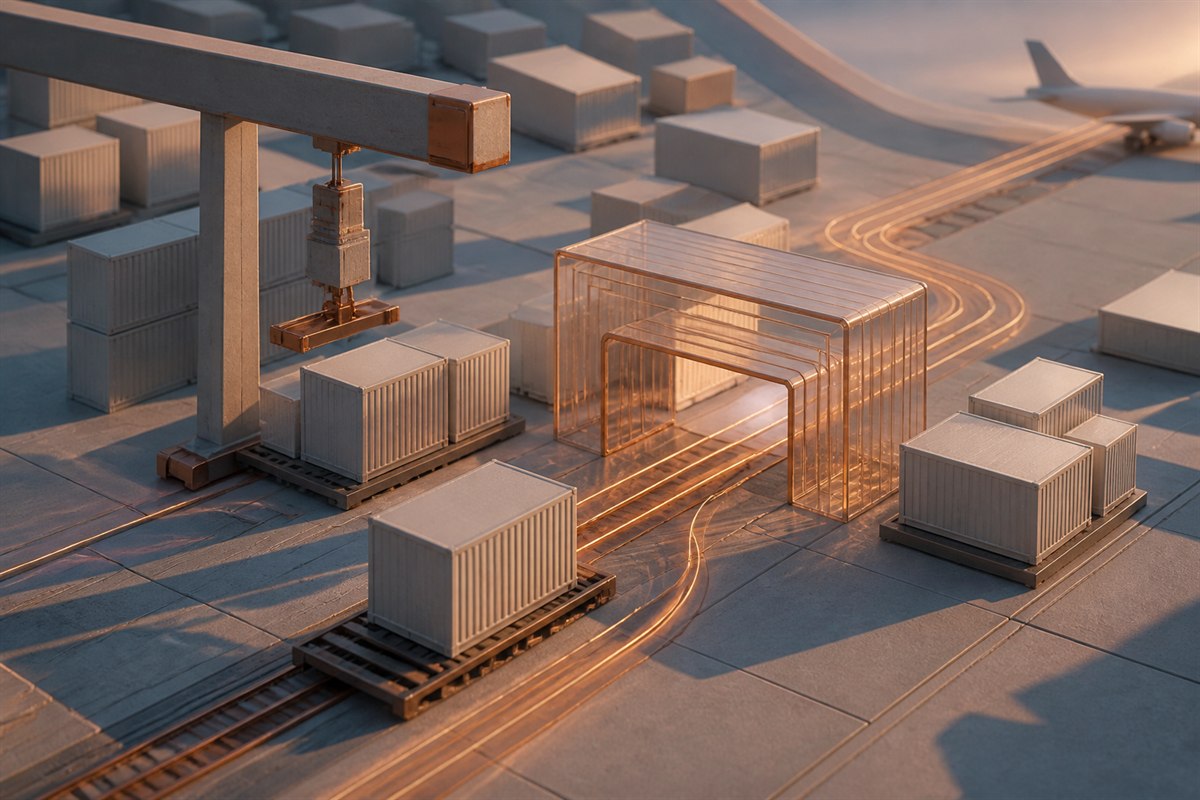Unlabeled cargo modules and copper information paths pass through a glass gateway at a miniature freight terminal.