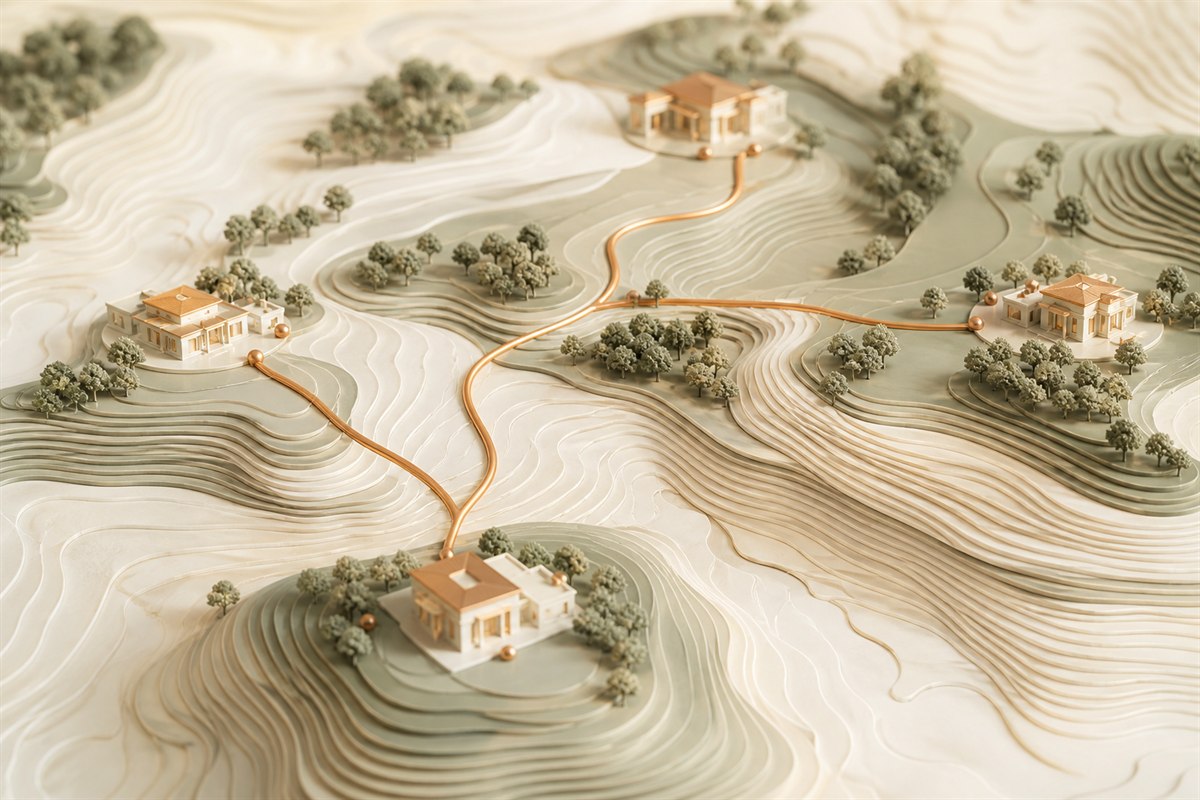 A fictional sage-and-ivory topographic landscape with facilities connected by a copper route.