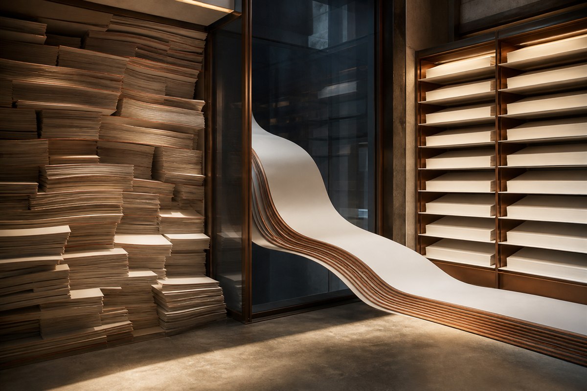 Blank archival sheets pass through a smoked-glass aperture into an orderly, illuminated document library.