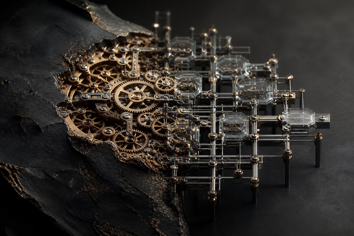 A mechanical system revealed beneath stone, connected to a precise modern structure.