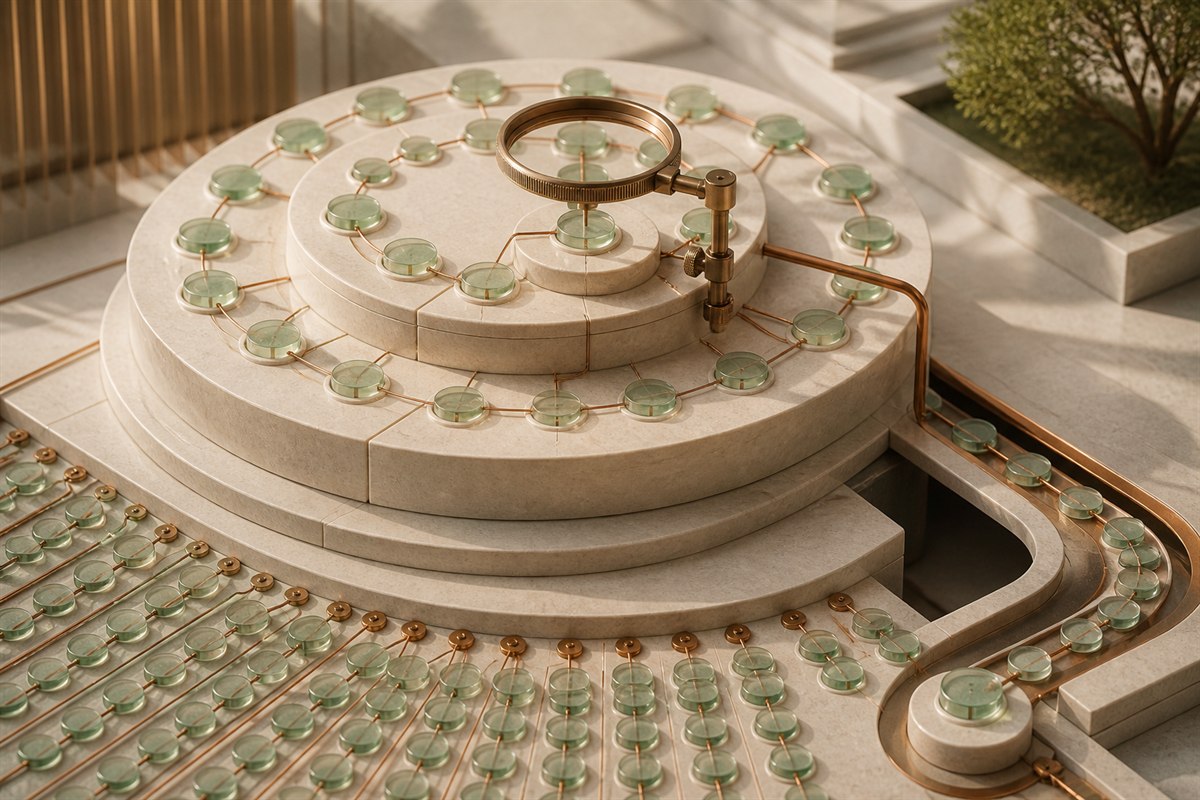 Copper channels distribute sage-glass tokens across nested facility terraces while a bronze ring selects a token for review.