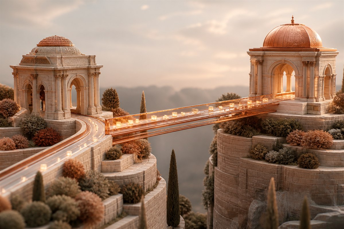 Two stone pavilions connected by a copper-and-glass bridge with parallel routes preserving a return path.