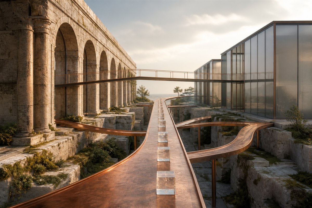 A continuous copper causeway connects a weathered colonnade to a new glass pavilion while an elevated viewing path stays open.