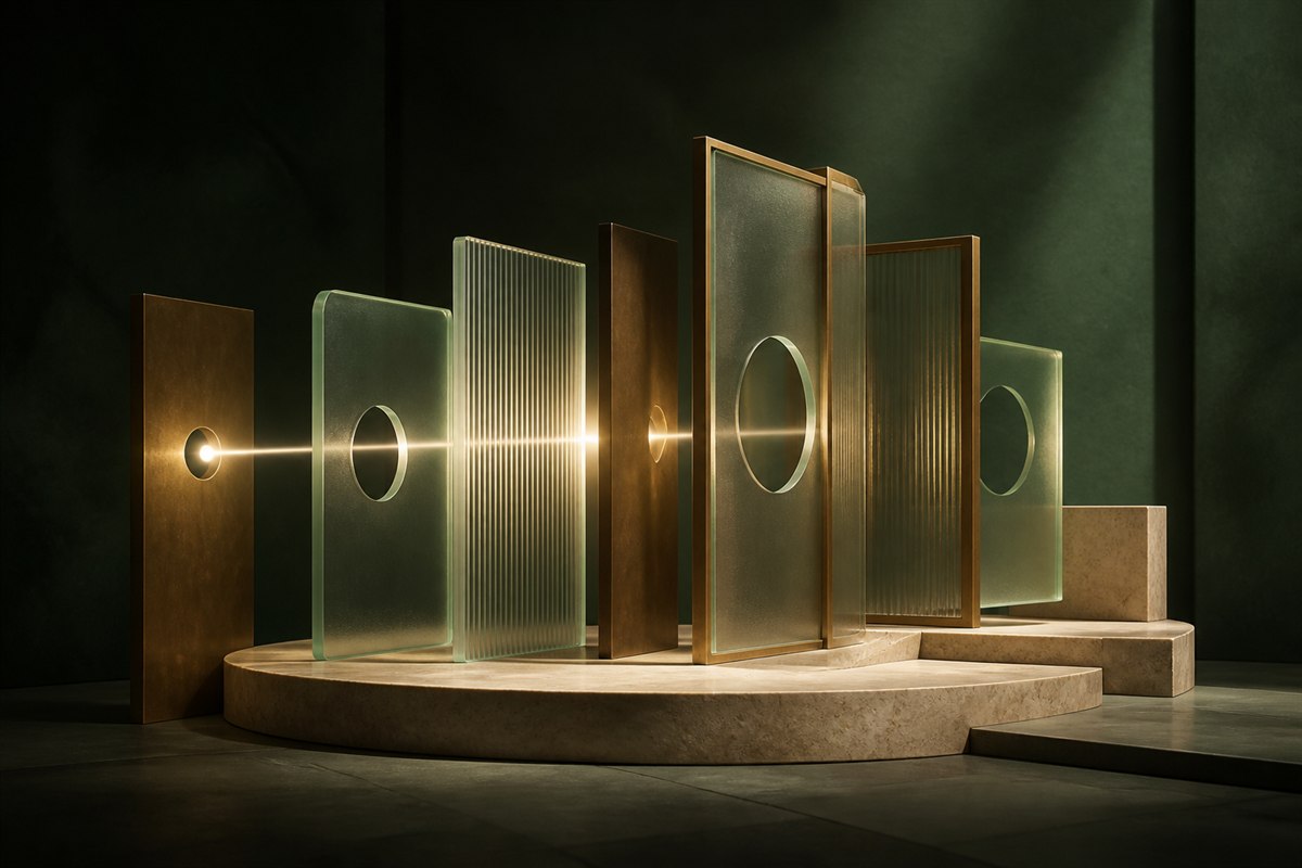 A beam passes through aligned bronze and frosted-glass layers, with selected surfaces protecting what remains private.
