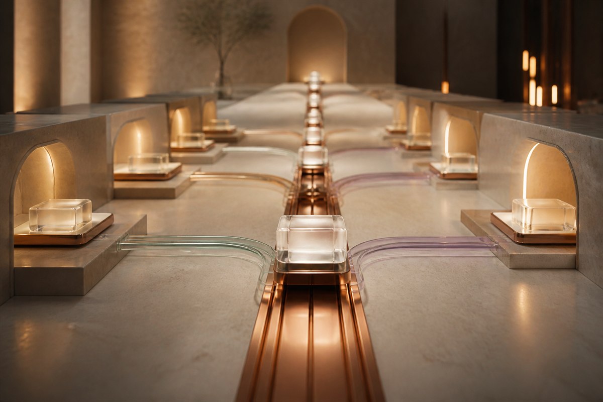 Glass parcels move along a central copper track, connected to separate illuminated workflow alcoves.
