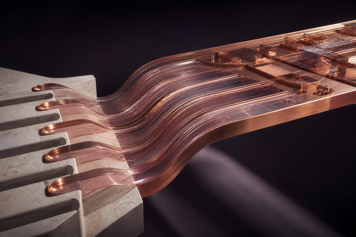Separate copper and glass channels converge into one precisely organized operating surface.