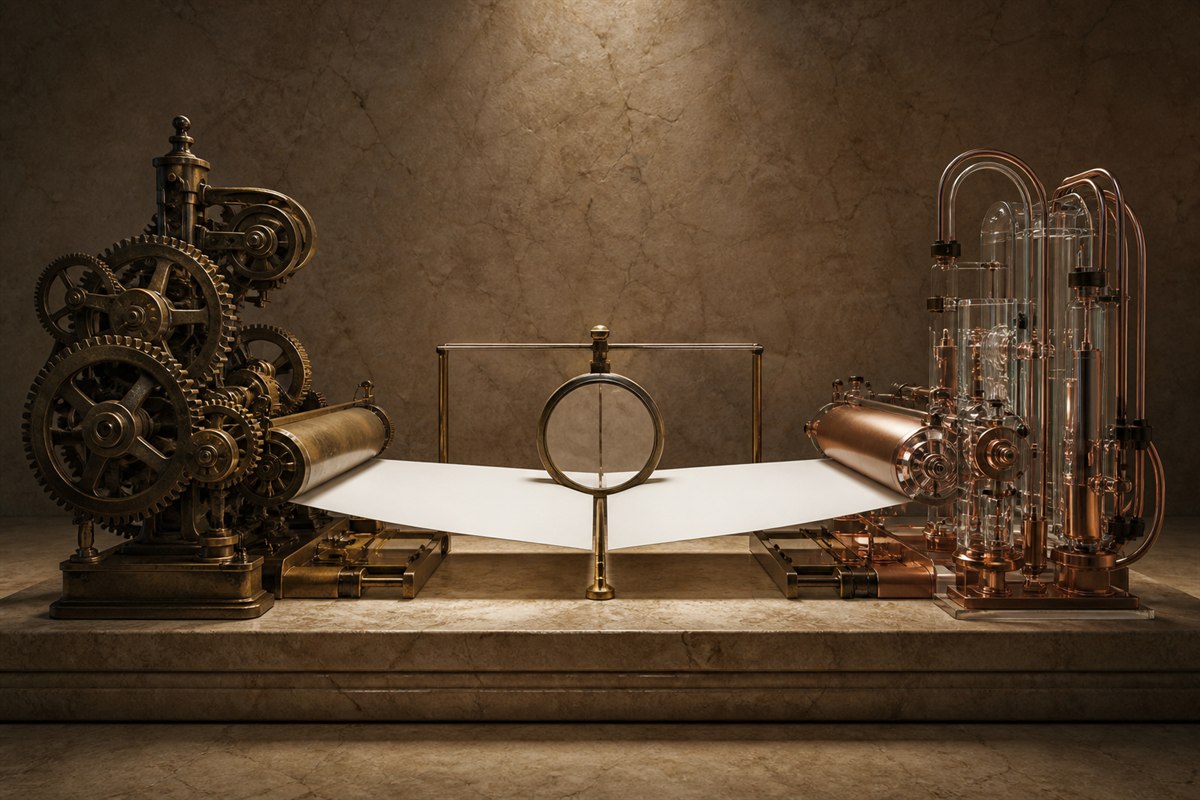 Legacy brass and modern copper mechanisms produce matching blank sheets that align in an optical comparison frame.